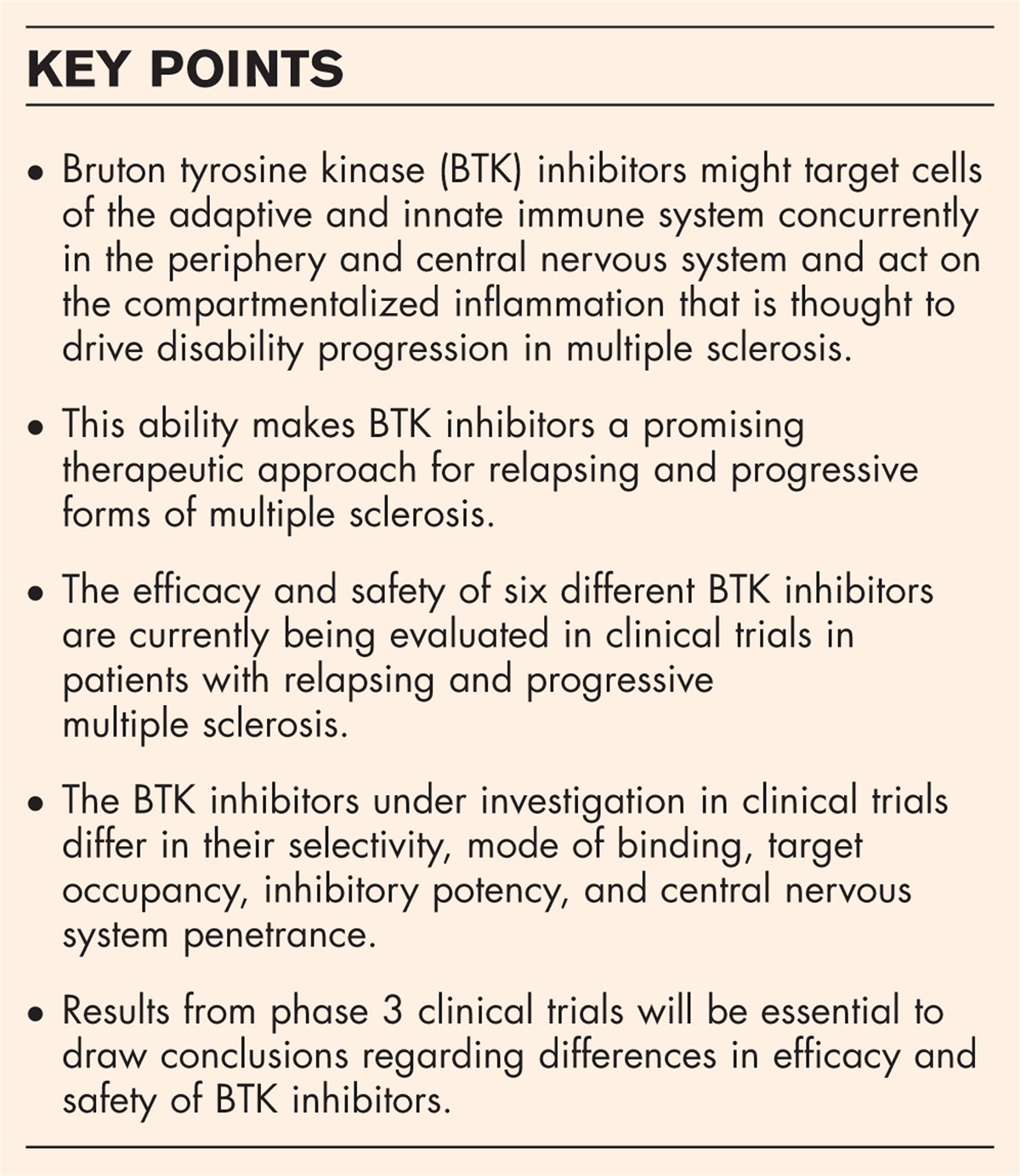 Bruton tyrosine kinase inhibitors in multiple sclerosis: evidence and expectations