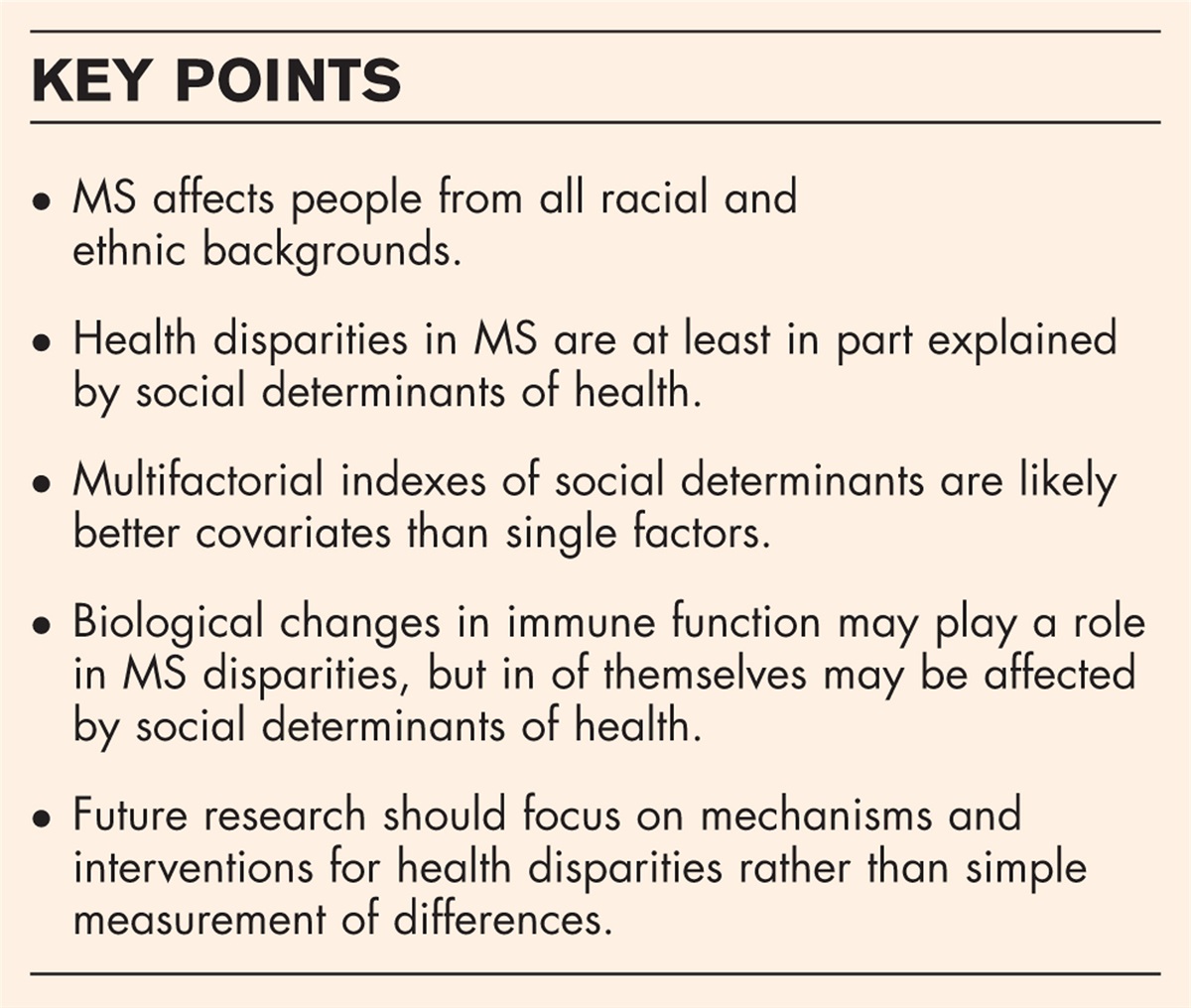 Current opinion: Racial and ethnic health disparities in multiple sclerosis: considering the social determinants of health