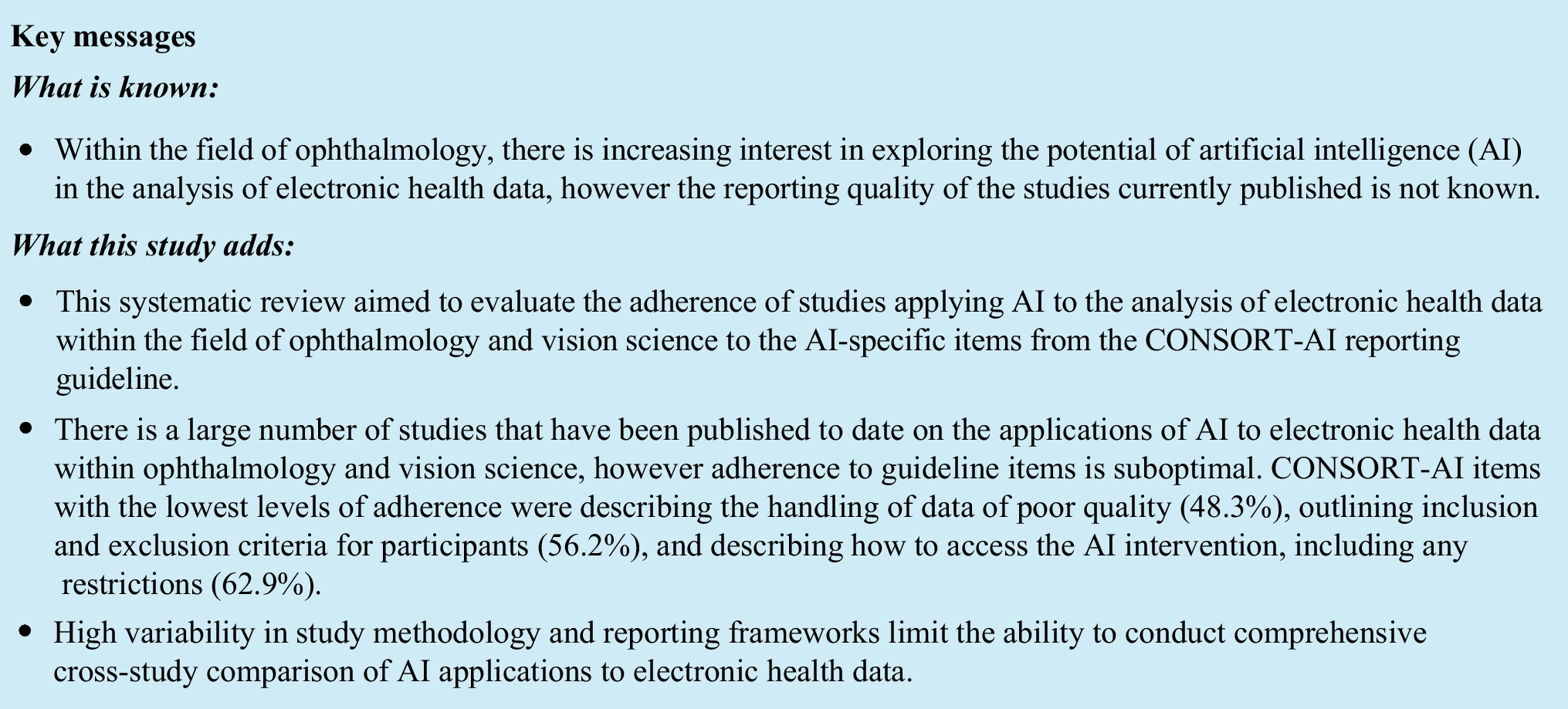 Adherence of studies involving artificial intelligence in the analysis of ophthalmology electronic medical records to AI-specific items from the CONSORT-AI guideline: a systematic review