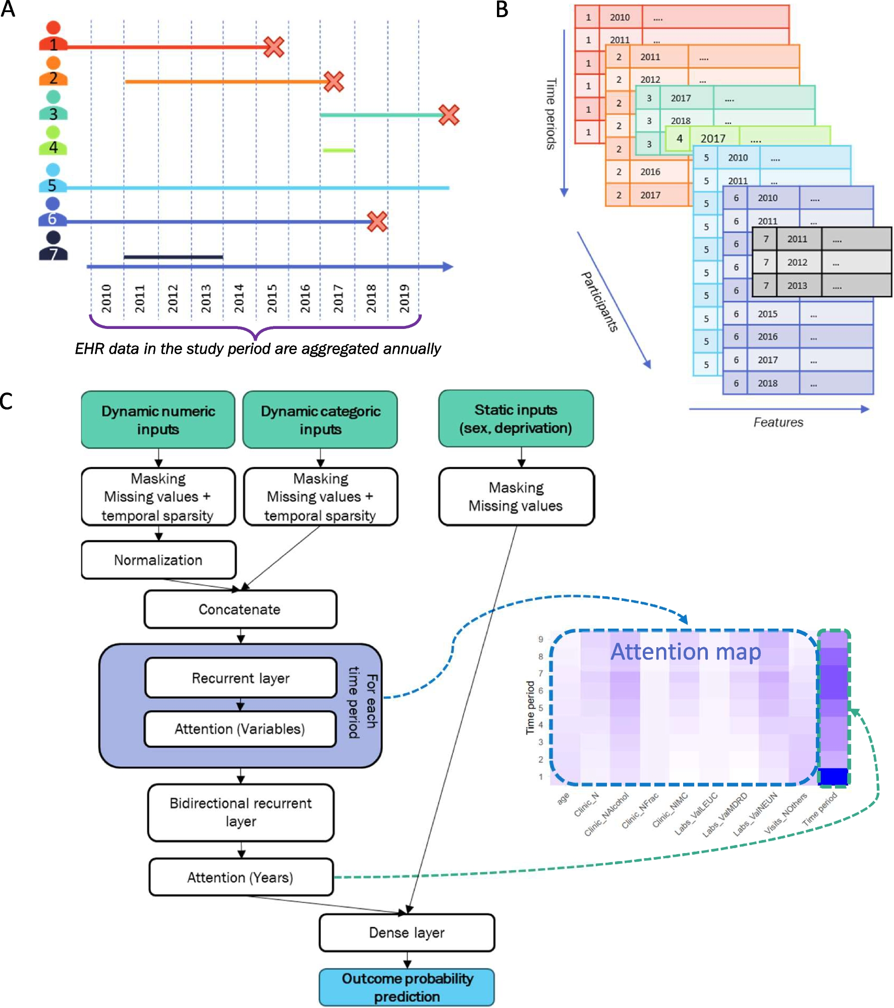 Development of Attention-based Prediction Models for All-cause Mortality, Home Care Need, and Nursing Home Admission in Ageing Adults in Spain Using Longitudinal Electronic Health Record Data