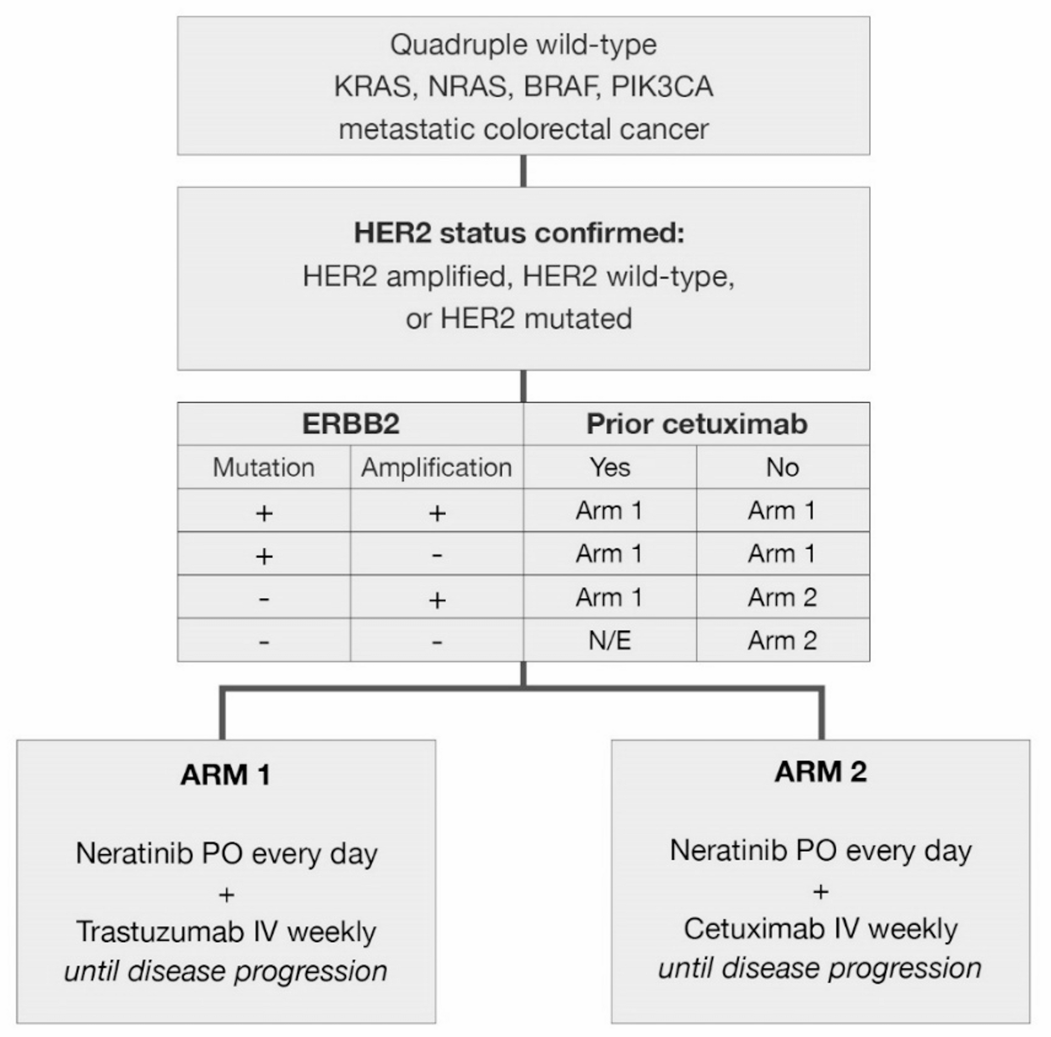 NSABP FC-11: A phase II study of neratinib plus trastuzumab or neratinib plus cetuximab in patients with “quadruple wild-type” (KRAS/NRAS/BRAF/PIK3CA) metastatic colorectal cancer based on HER2 status: amplified, non-amplified (wild-type), or mutated