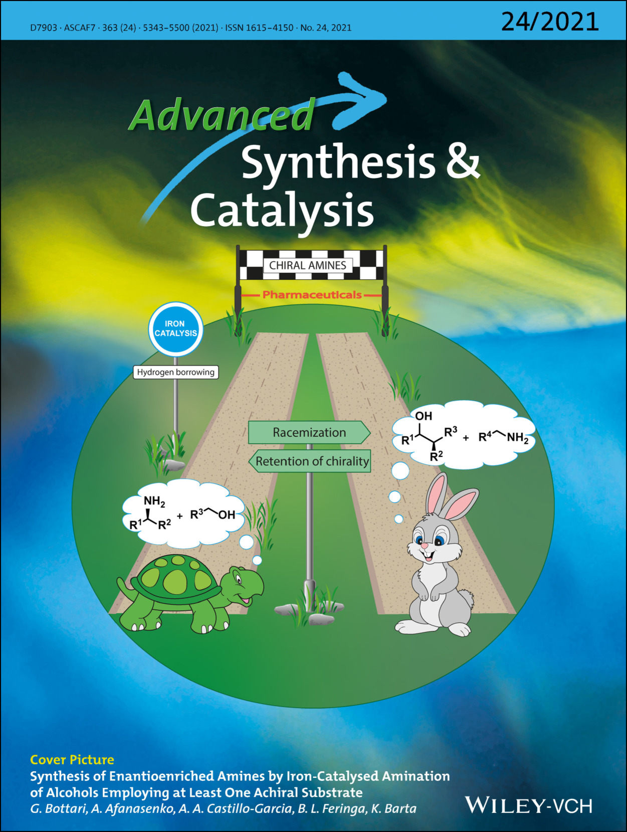 Front Cover Picture: Synthesis of Enantioenriched Amines by Iron‐Catalysed Amination of Alcohols Employing at Least One Achiral Substrate (Adv. Synth. Catal. 24/2021)