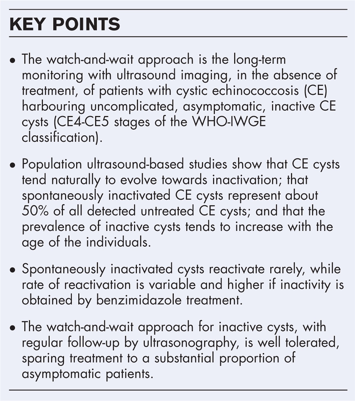 Watch-and-wait approach for inactive echinococcal cysts: scoping review update since the issue of the WHO-IWGE Expert Consensus and current perspectives