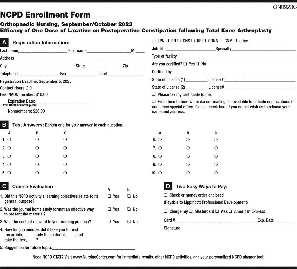 NCPD Tests: Efficacy of One Dose of Laxative on Postoperative Constipation following Total Knee Arthroplasty